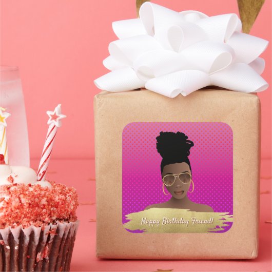 ハッピーバースデー!黒人女性(マゼンタ金ゴールド色) スクエアシール (パーティー)