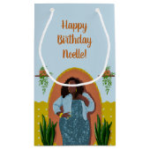 ハッピーバースデー，黒人女性，植物，青黄 スモールペーパーバッグ (裏面)