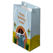 ハッピーバースデー，黒人女性，植物，青黄 スモールペーパーバッグ (裏面アングル)