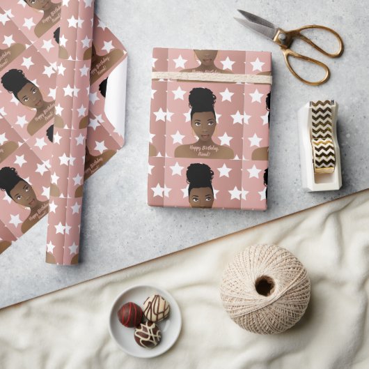 ハッピーバースデー!黒人女性,白い星,ピンク ラッピングペーパー (クラフト)
