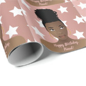 ハッピーバースデー!黒人女性,白い星,ピンク ラッピングペーパー (ロールコーナー)