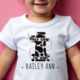 ハッピーバースデー！1歳の女の子がかわいい牛のデザインの誕生日 ベビーTシャツ