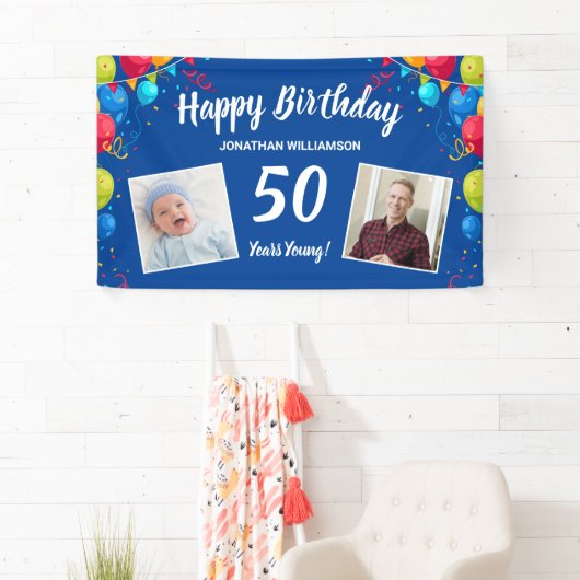 ハッピーバースデー、2枚の写真、任意の年齢、おもしろいバルーン 横断幕 (インサイチュ)