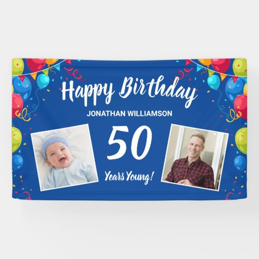 ハッピーバースデー、2枚の写真、任意の年齢、おもしろいバルーン 横断幕 (横)