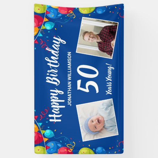 ハッピーバースデー、2枚の写真、任意の年齢、おもしろいバルーン 横断幕 (縦)