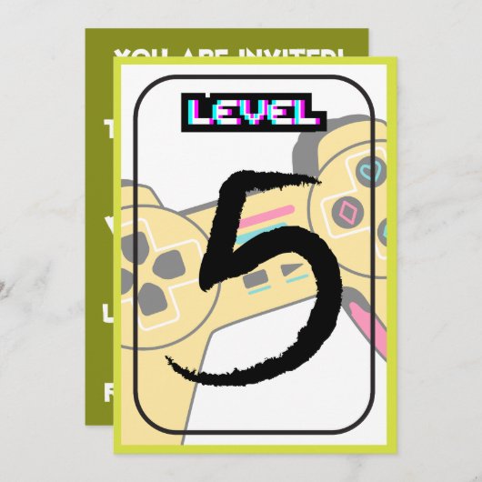 ハッピーバースデー- 5歳の誕生日 – レベルアップ 招待状 (正面/裏面)