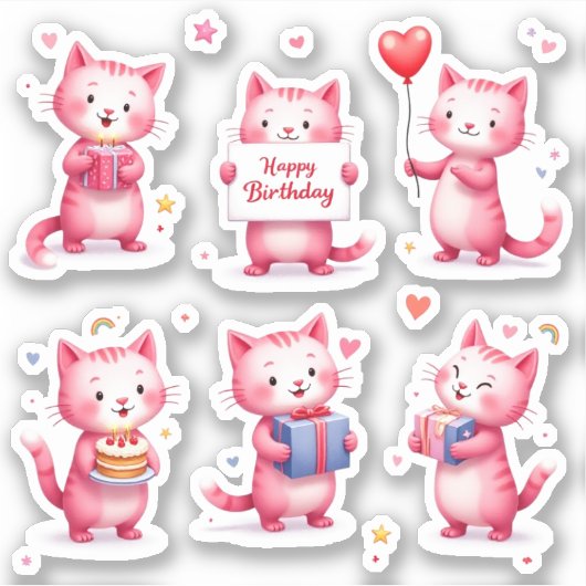 ハッピーバースデー- Pink Cats - Cake Balloons Gift - シール (正面)