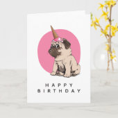 ハッピーバースデー| Pugicorn カード (黄色い花)