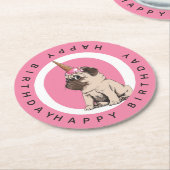 ハッピーバースデー| Pugicorn ラウンドペーパーコースター (アングル)