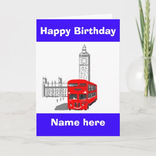 ハッピーバースデー、Smiling London Bus、名前frontを追加 カード (正面)