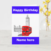 ハッピーバースデー、Smiling London Bus、名前frontを追加 カード (黄色い花)