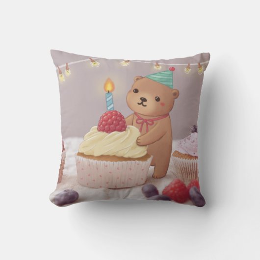 ハッピーバースデー: Teddy Bear & Cupcakes クッション (正面)