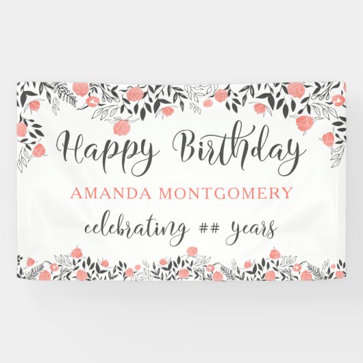 ハッピーバースデーANY年バラ金ゴールド&コーラルフローラ 横断幕 (横)