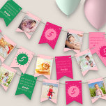 ハッピーバースデーAny Age Pink写真 バンティングフラッグ<br><div class="desc">ハッピーバースデーのバナーあなたのお気に入りの写真の8つパーソナライズされたと、あなたの年齢とカスタマイズ一緒に歌とフラグにハッピーバースデー。このデザインははっきりしたピンクガーリーとグリーンのカラーパレットを持つ。</div>