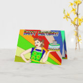 ハッピーバースデーArtレトロレディポップ・アートのー カード (黄色い花)