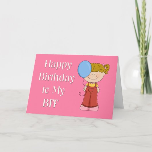 ハッピーバースデーBFF、バルーン付き女の子 カード (正面)