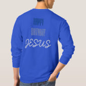 ハッピーバースデーJESUS – 青、白、グレーモダン Tシャツ (裏面)