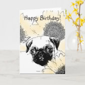 ハッピーバースデーPugグリーティングカード カード (黄色い花)