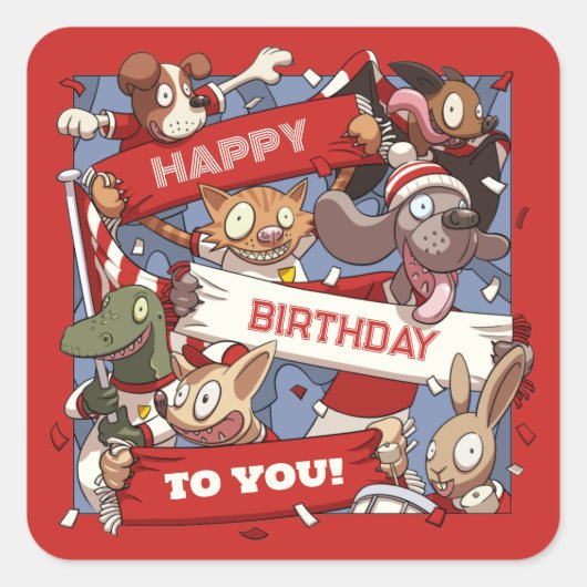 ハッピーバースデーTo You動物ファン赤と白 スクエアシール (正面)