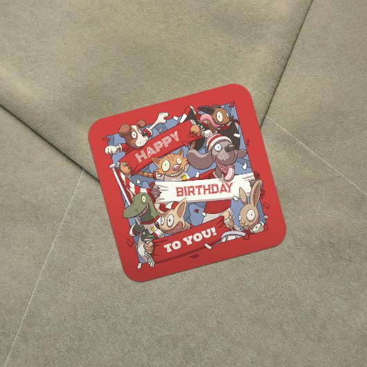 ハッピーバースデーTo You動物ファン赤と白 スクエアシール