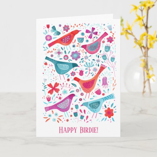 ハッピーバーディウォーターカラーバード&フラワー誕生日 カード (黄色い花)