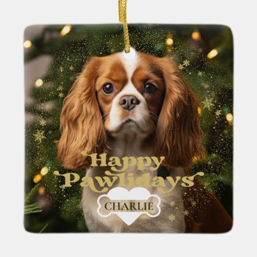 ハッピーパウィデイズドッグパピーペットハート骨写真 セラミックオーナメント (正面)