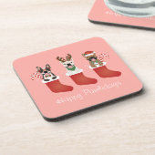 ハッピーパウリデイズブルフランスのドッグスクリスマスストッキング コースター (左側)