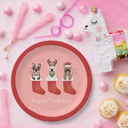 ハッピーパウリデイズブルフランスのドッグスクリスマスストッキング ペーパープレート (パーティー)