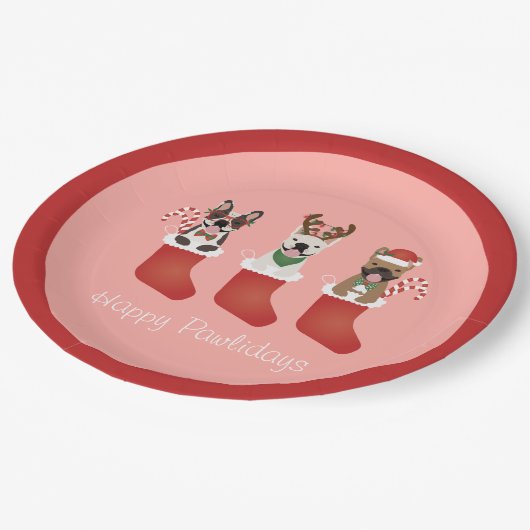 ハッピーパウリデイズブルフランスのドッグスクリスマスストッキング ペーパープレート (アングル)