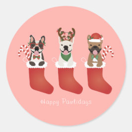 ハッピーパウリデイズブルフランスのドッグスクリスマスストッキング ラウンドシール
