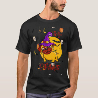 ハッピーパグのハロウィン・カボチャ・コウモリ・魔女の帽子・オバケ Tシャツ