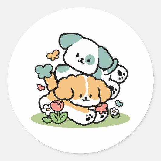 ハッピーパピー転がズ・トゥ・メイ – かわいいドッグアート ラウンドシール (正面)