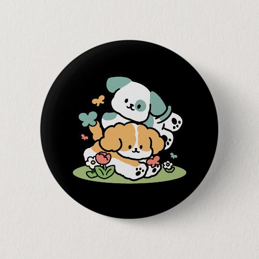 ハッピーパピー転がズ・トゥ・メイ – かわいいドッグアート 缶バッジ (正面)