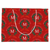 ハッピーパーソナライズされたホリデーズレッドモノグラムリース ラージペーパーバッグ (裏面)