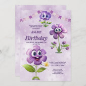 ハッピーパープルフラワーバースデーパーティーの招待状 招待状 (正面/裏面)