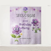 ハッピーパープルフラワーバースデーパーティー背景 タペストリー (正面)