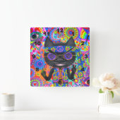 ハッピーヒッパイキャットサングラスピースサインかわいい スクエア壁時計 (ホーム)