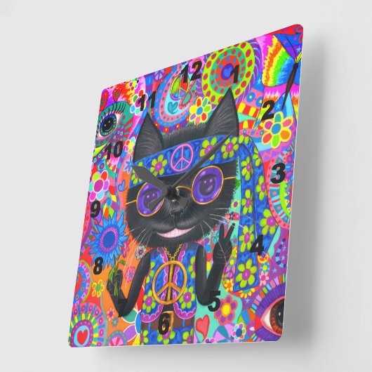 ハッピーヒッパイキャットサングラスピースサインかわいい スクエア壁時計 (傾斜)