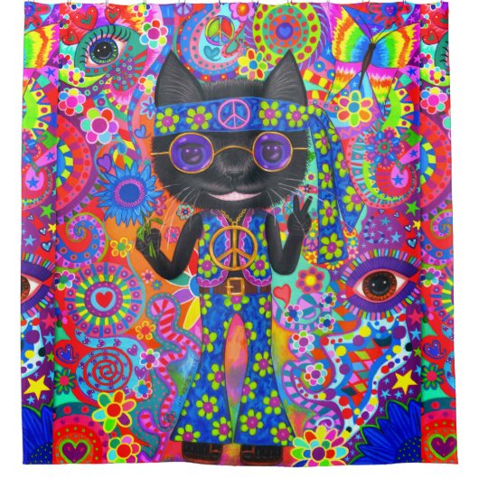 ハッピーヒッパイキャットサングラスピースサインフラワー シャワーカーテン (正面)