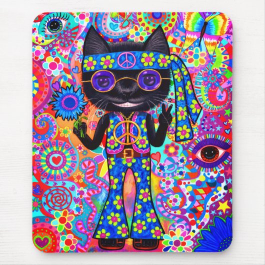 ハッピーヒッパイキャットサングラスピースサインフラワー マウスパッド (正面)