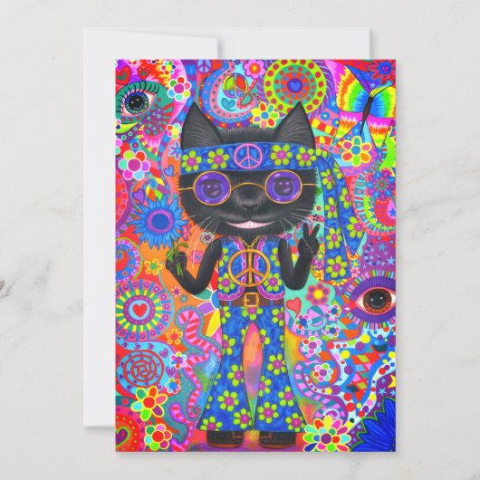 ハッピーヒッピーキャットサングラスピースサインフラワー 招待状 (正面)