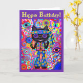 ハッピーヒッピー猫ピースサイン紫サングラス'60s カード (黄色い花)