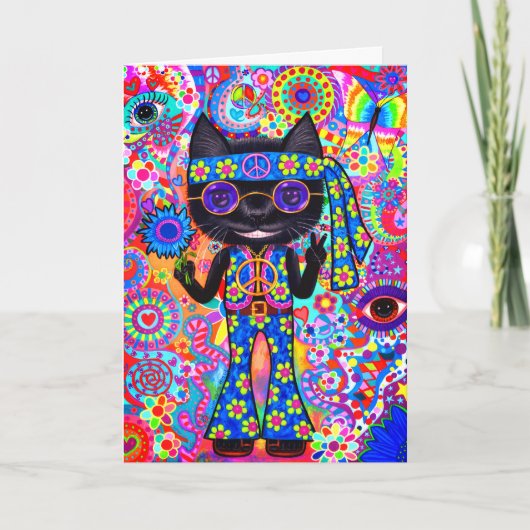 ハッピーヒッピー猫ピースサイン紫サングラス'60s カード (正面)