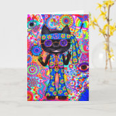 ハッピーヒッピー猫ピースサイン紫サングラス'60s カード (黄色い花)