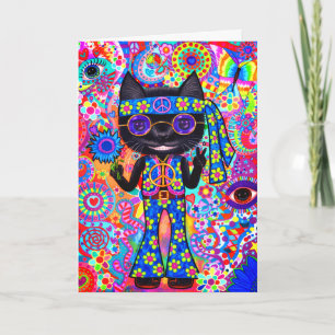 ハッピーヒッピー猫ピースサイン紫サングラス'60s カード