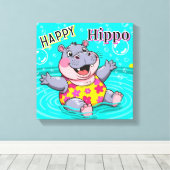 ハッピーヒッポ | かわいいマンガの子どもの子供部屋アート キャンバスプリント (インサイチュ (ウッドフロア))