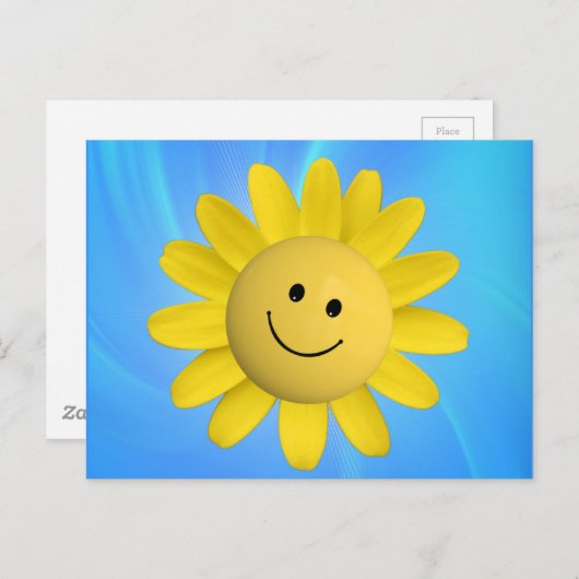 ハッピーヒマワリスミリー顔漫画グラフィックブルー ポストカード (正面/裏面)