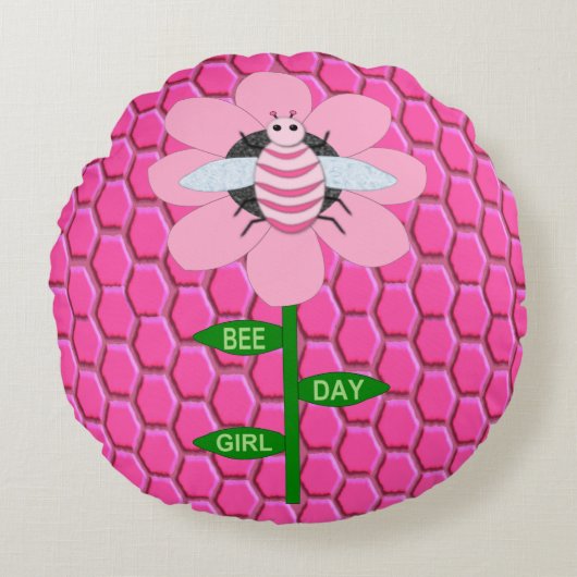 ハッピービーデイガールピンク誕生日(昆虫)マルハナバチ ラウンドクッション (正面)