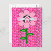 ハッピービーデイガール ピンク バースデー ハチ ポストカード (正面/裏面)