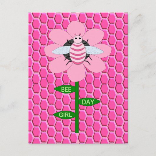 ハッピービーデイガール ピンク バースデー ハチ ポストカード (正面)